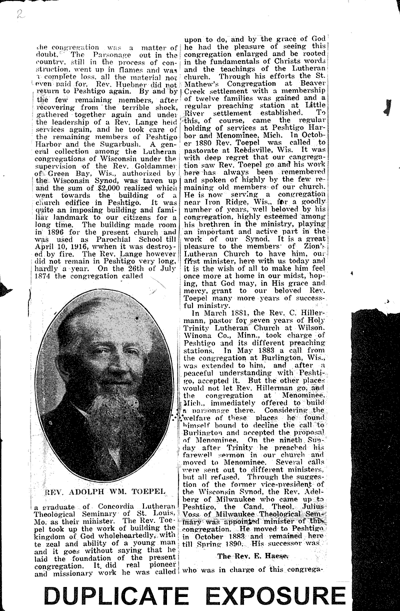 History of Zion's Evangelical Lutheran Church, Peshtigo, Wis