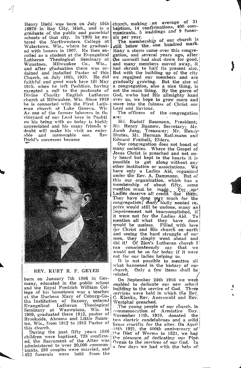 History of Zion's Evangelical Lutheran Church, Peshtigo, Wis