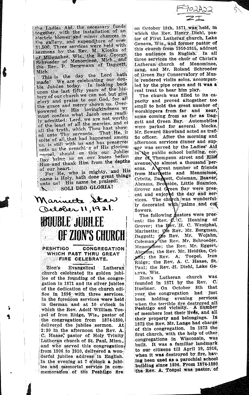 History of Zion's Evangelical Lutheran Church, Peshtigo, Wis