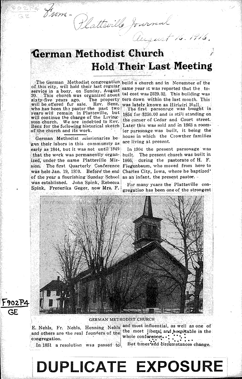  Source: Platteville Journal Topics: Church History Date: 1916-08-16