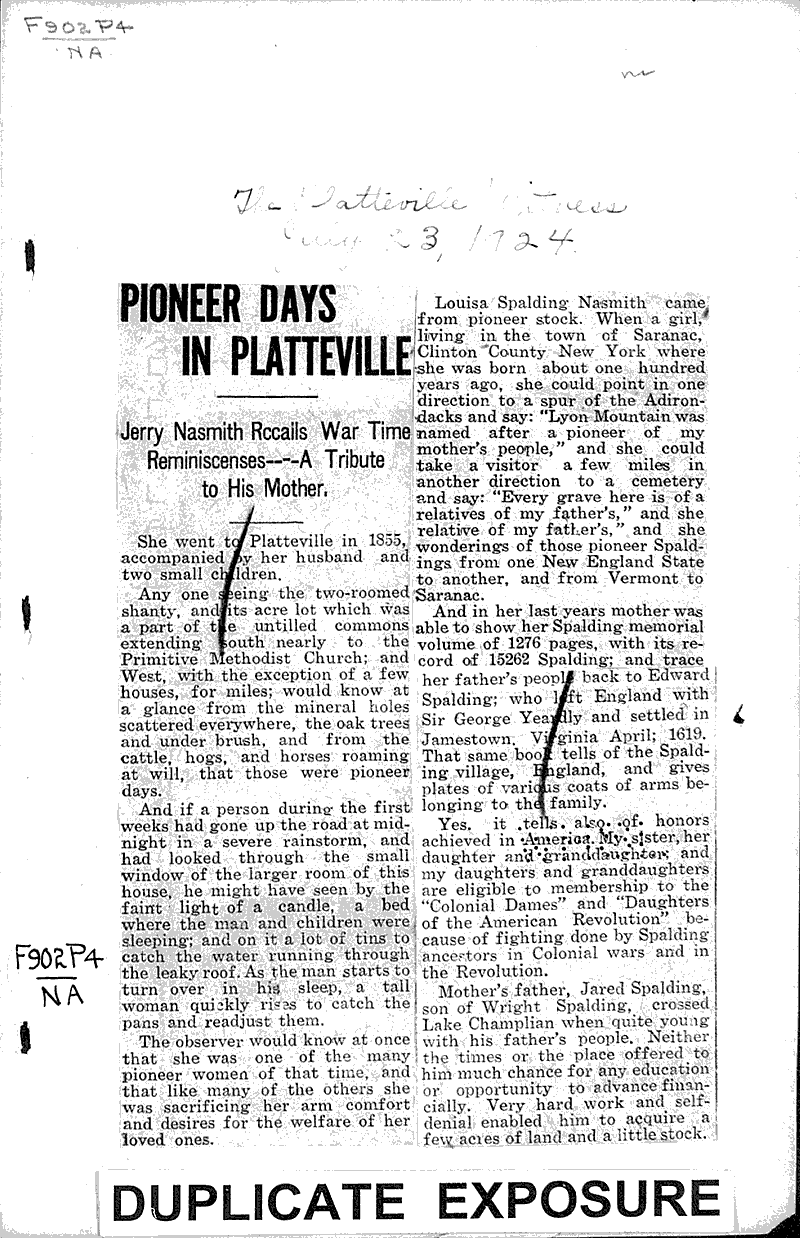 Pioneer days in Platteville Newspaper Article/Clipping Wisconsin