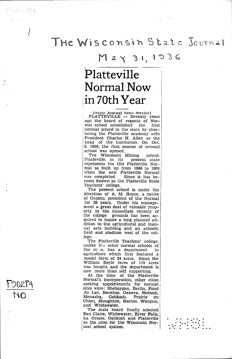 Platteville Normal now in 70th year Newspaper Article/Clipping
