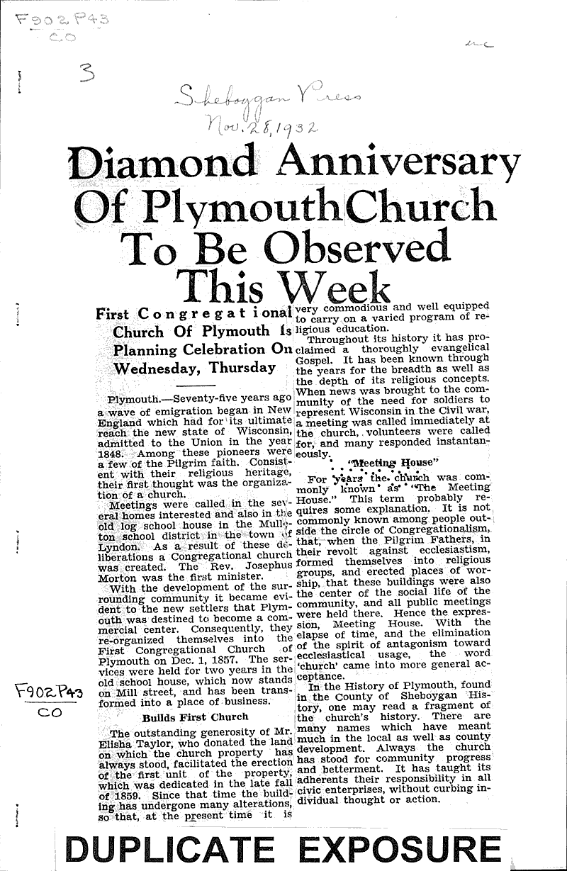 Diamond anniversary of Plymouth church to be observed this week Source: Sheboygan Press Topics: Church History Date: 1932-11-28