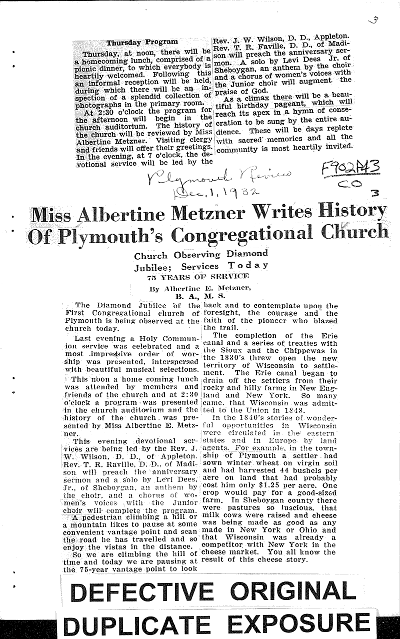 Diamond anniversary of Plymouth church to be observed this week Source: Sheboygan Press Topics: Church History Date: 1932-11-28