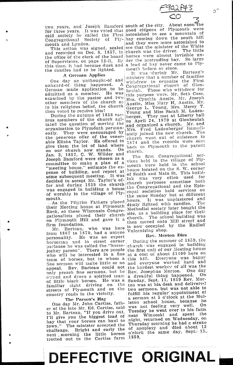Diamond anniversary of Plymouth church to be observed this week Source: Sheboygan Press Topics: Church History Date: 1932-11-28