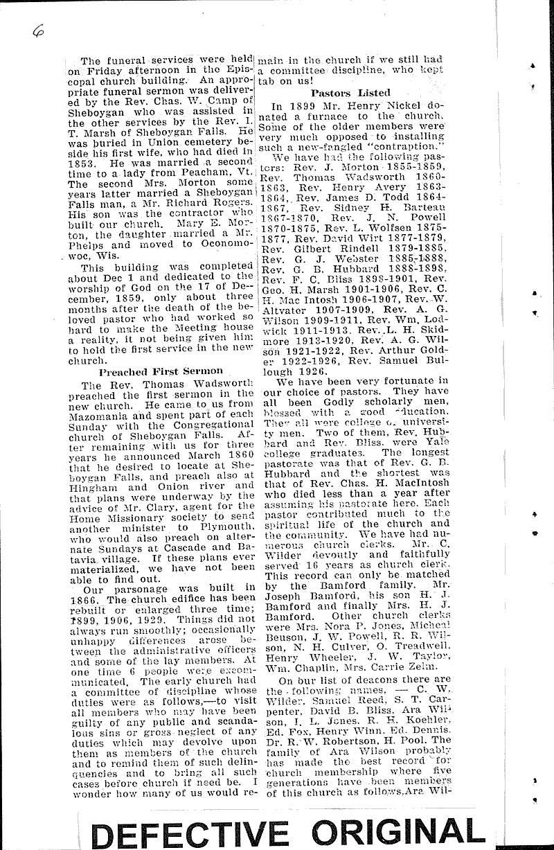 Diamond anniversary of Plymouth church to be observed this week Source: Sheboygan Press Topics: Church History Date: 1932-11-28