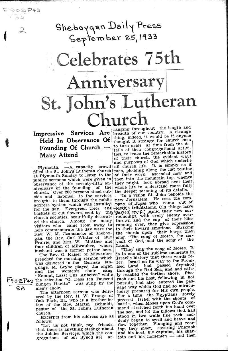  Source: Sheboygan Daily Press Topics: Church History Date: 1933-09-25