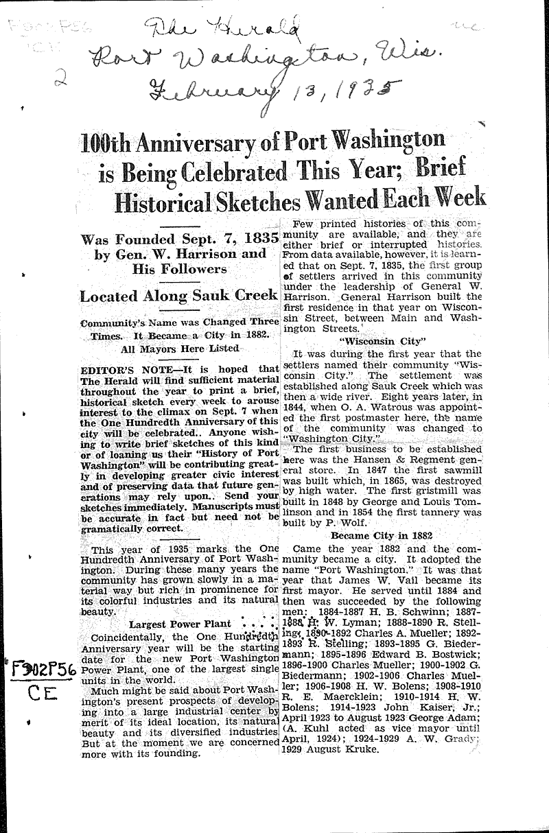  Source: Port Washington Herald Date: 1935-02-13