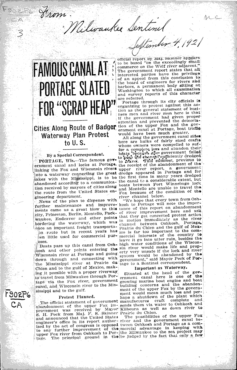 Famous canal at Portage slated for "scrap heap" Newspaper Article