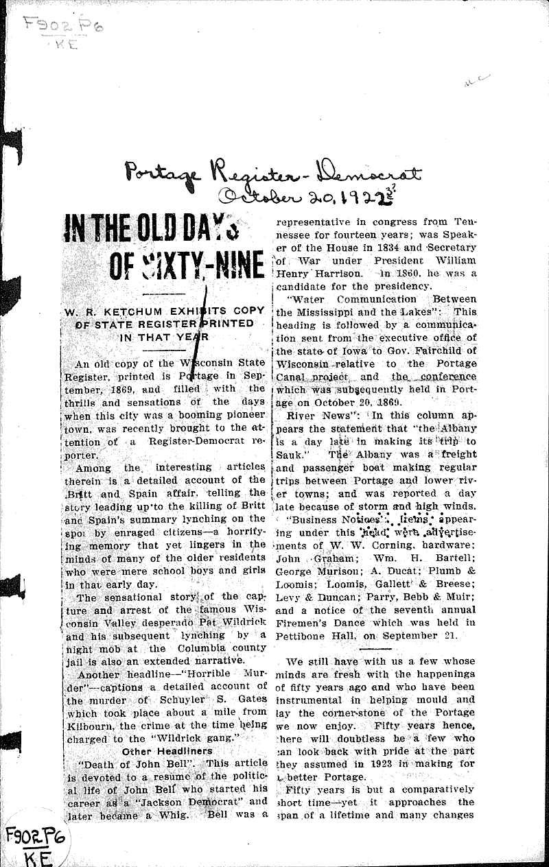  Source: Portage Register-Democrat Topics: Government and Politics Date: 1922-10-20