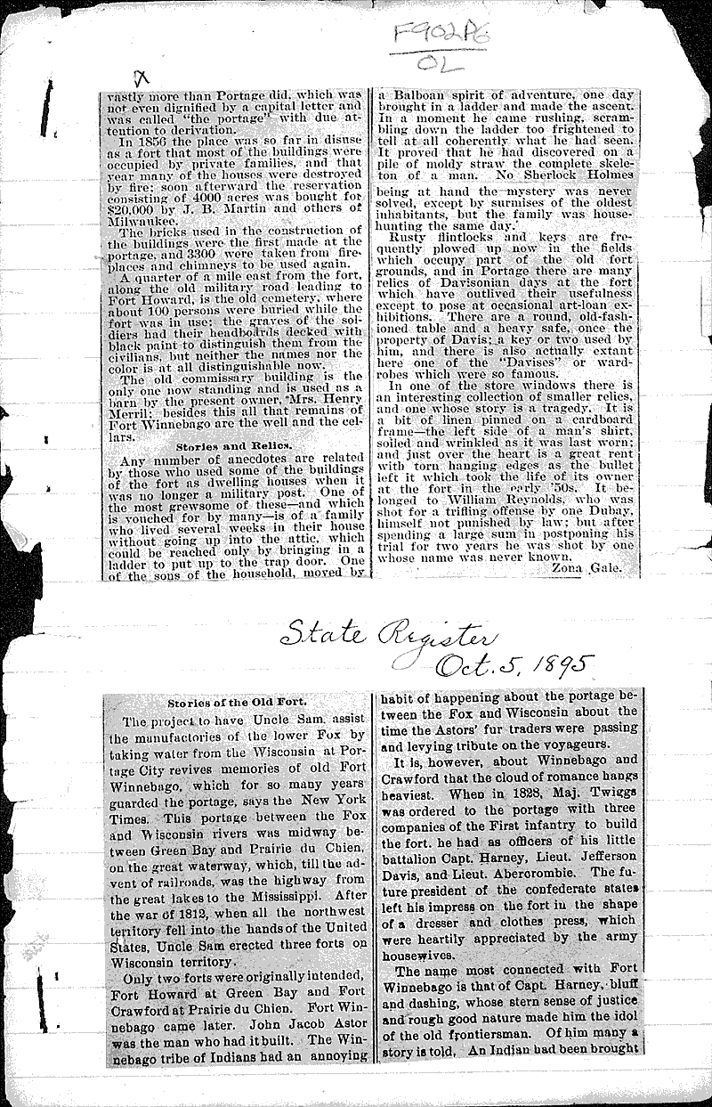 Old Fort Winnebago Newspaper Article/Clipping Wisconsin Historical