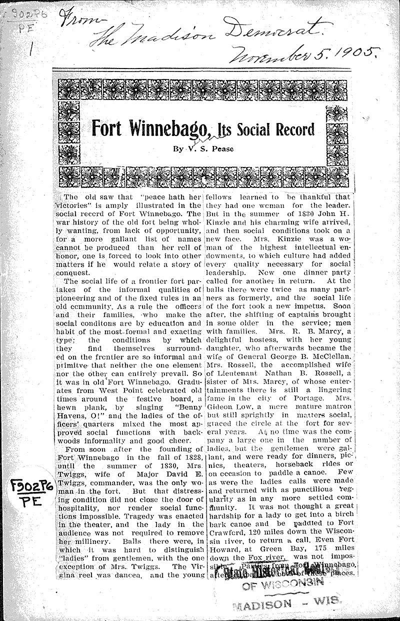 Fort Winnebago, its social record Newspaper Article/Clipping