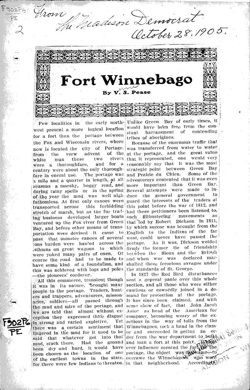 Fort Winnebago, its social record Newspaper Article/Clipping