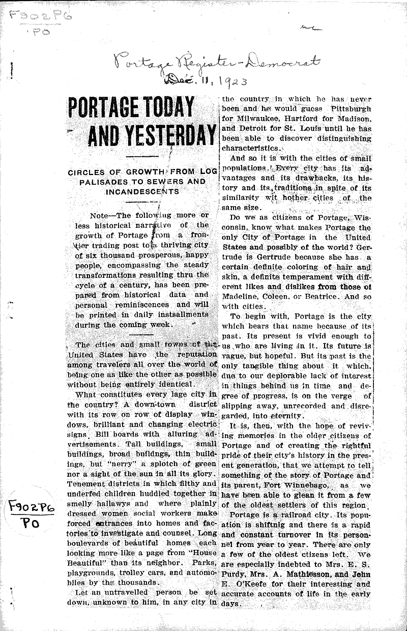  Source: Portage Register-Democrat Topics: Industry Date: 1923-12-11