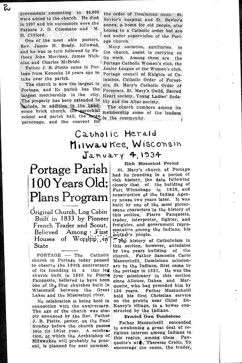  Source: Portage Register-Democrat Topics: Church History Date: 1934-01-02