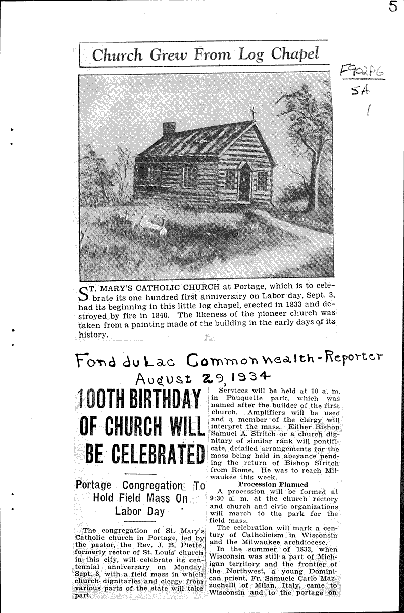 Source: Portage Register-Democrat Topics: Church History Date: 1934-01-02