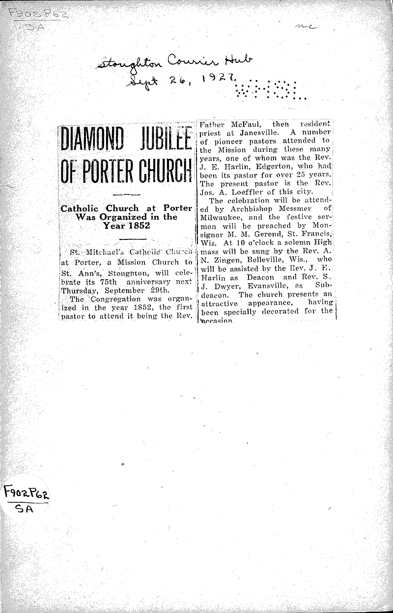  Source: Stoughton Courier-Hub Topics: Church History Date: 1927-09-26