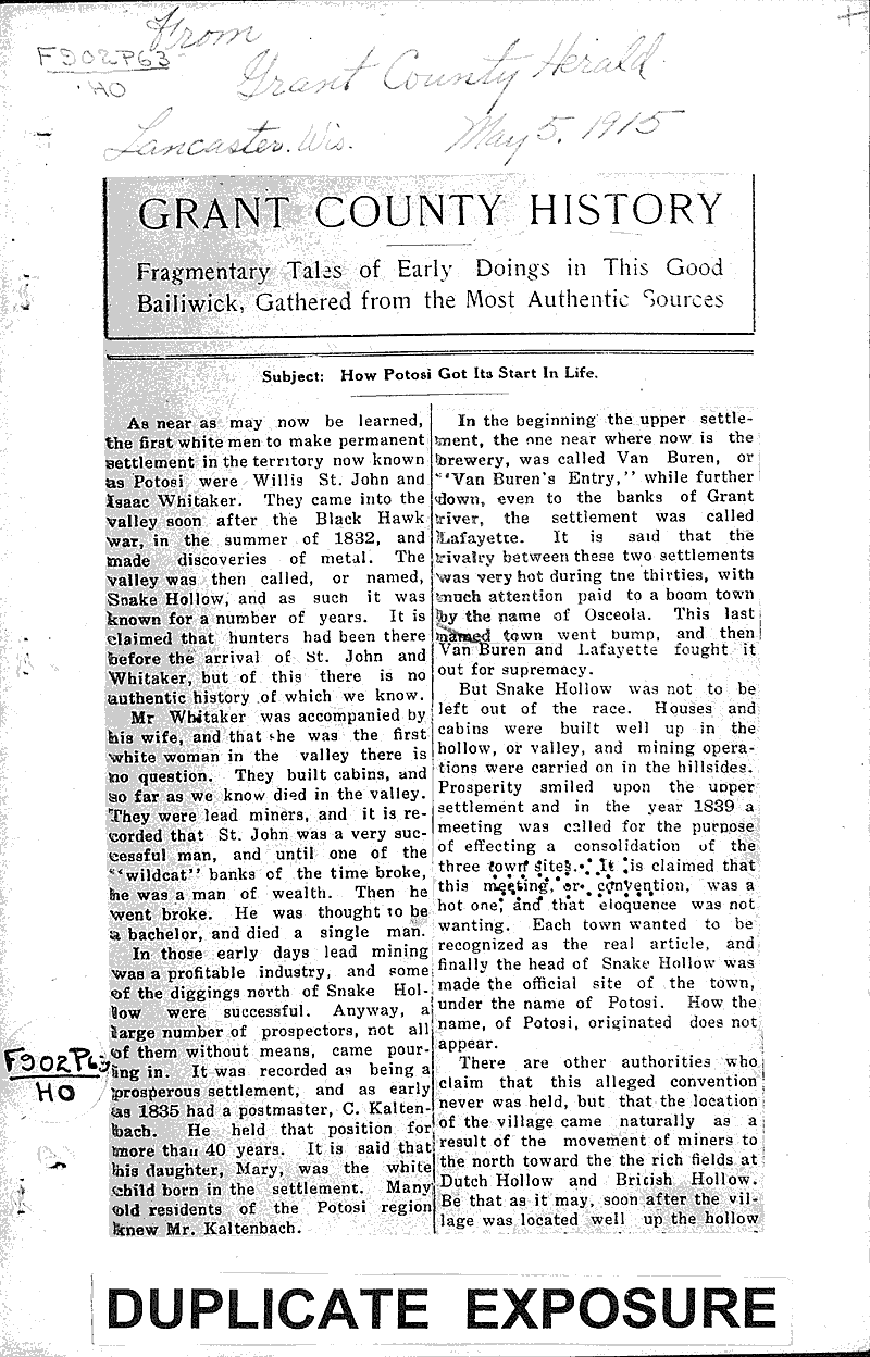 Grant County history Newspaper Article/Clipping Wisconsin