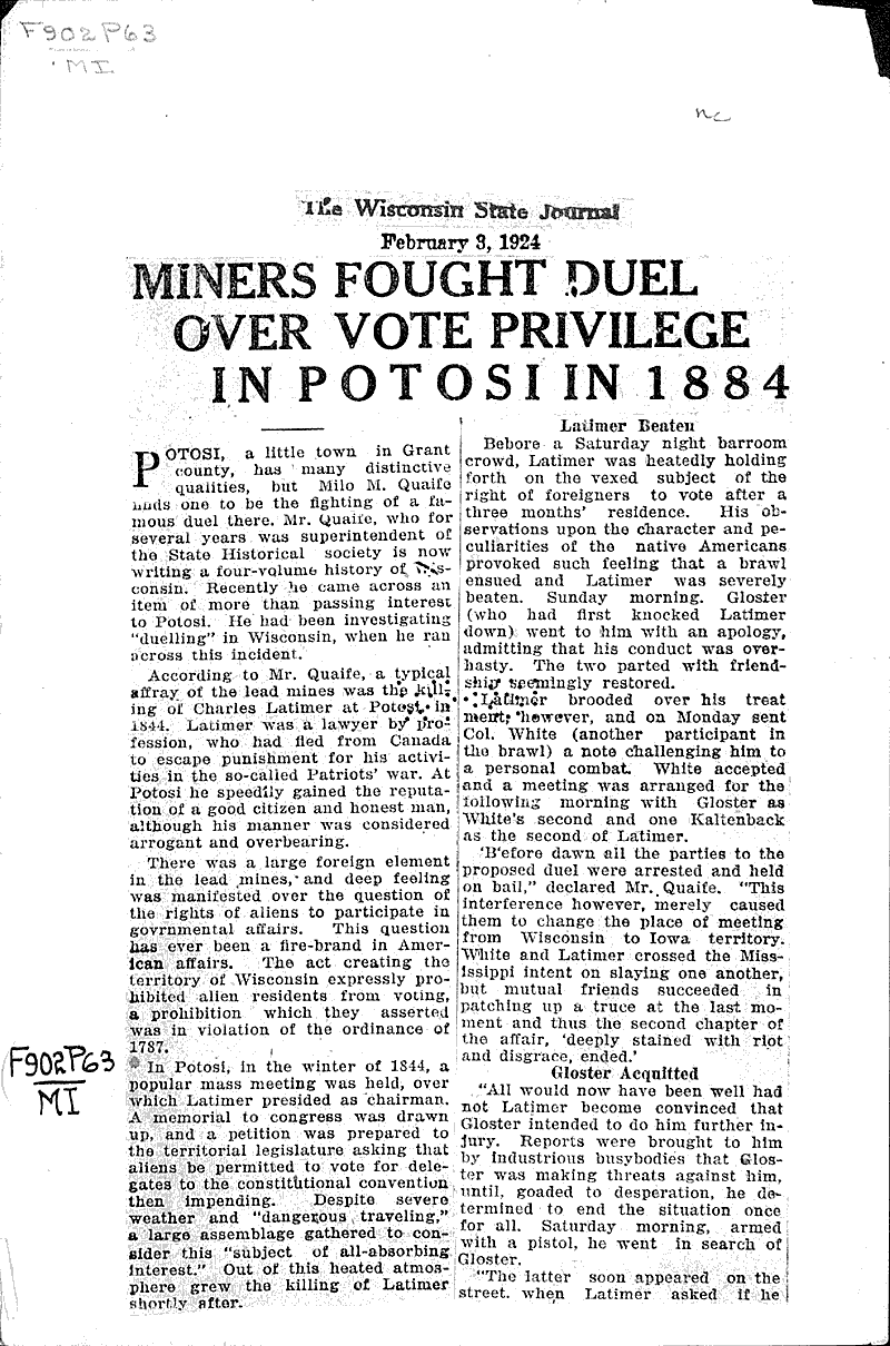 Miners fought duel over vote privilege in Potosi in 1884 Newspaper