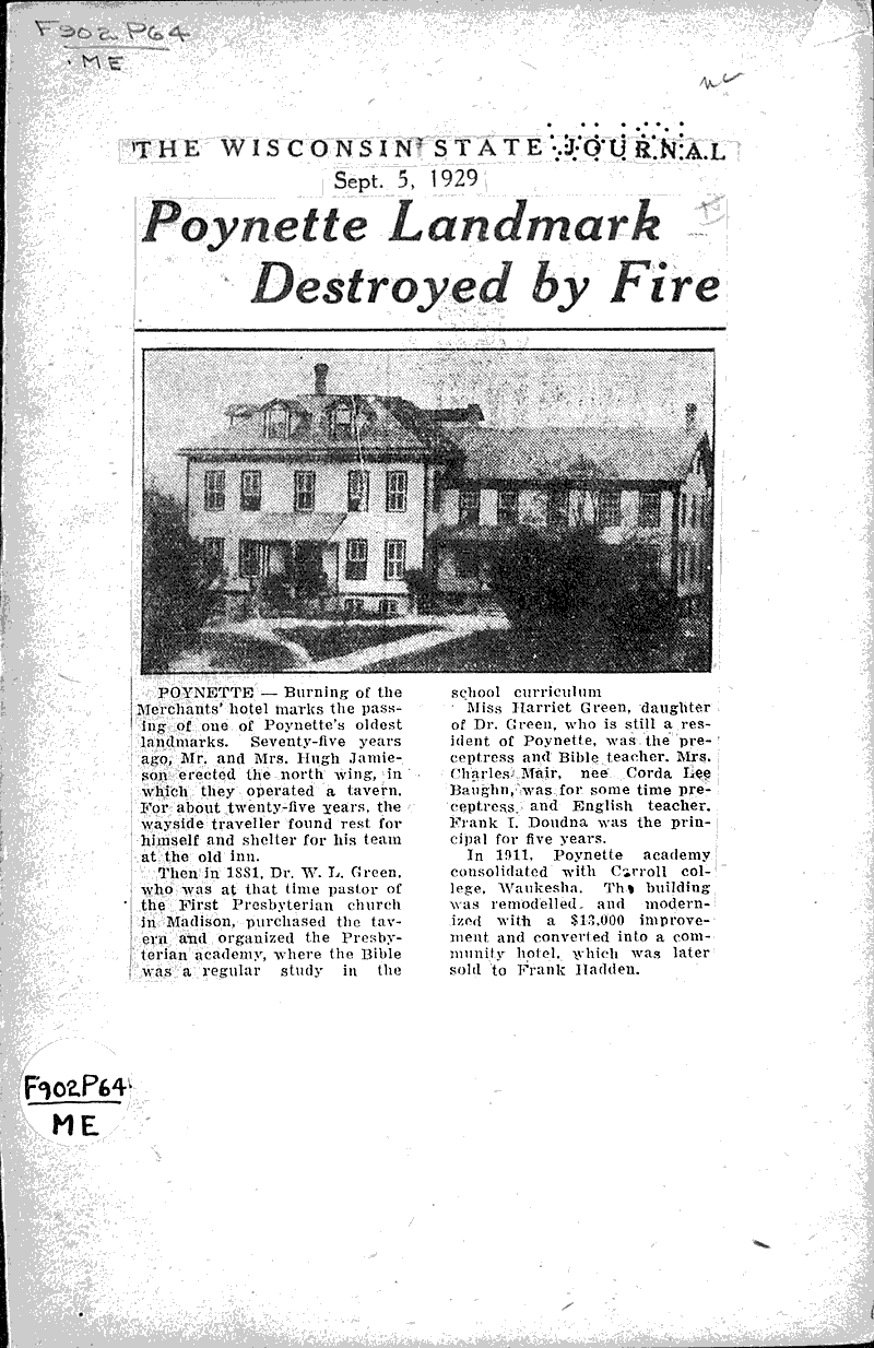 landmark destroyed by fire Newspaper Article/Clipping