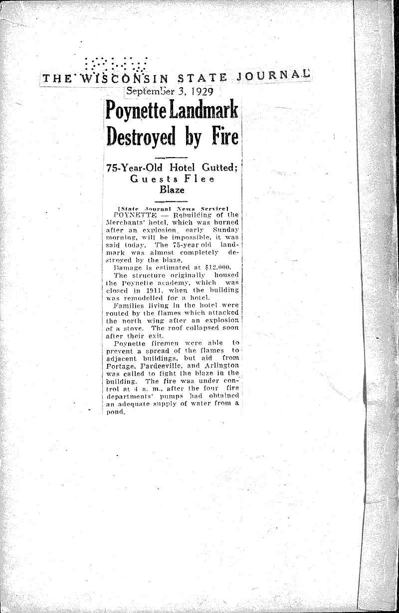 landmark destroyed by fire Newspaper Article/Clipping
