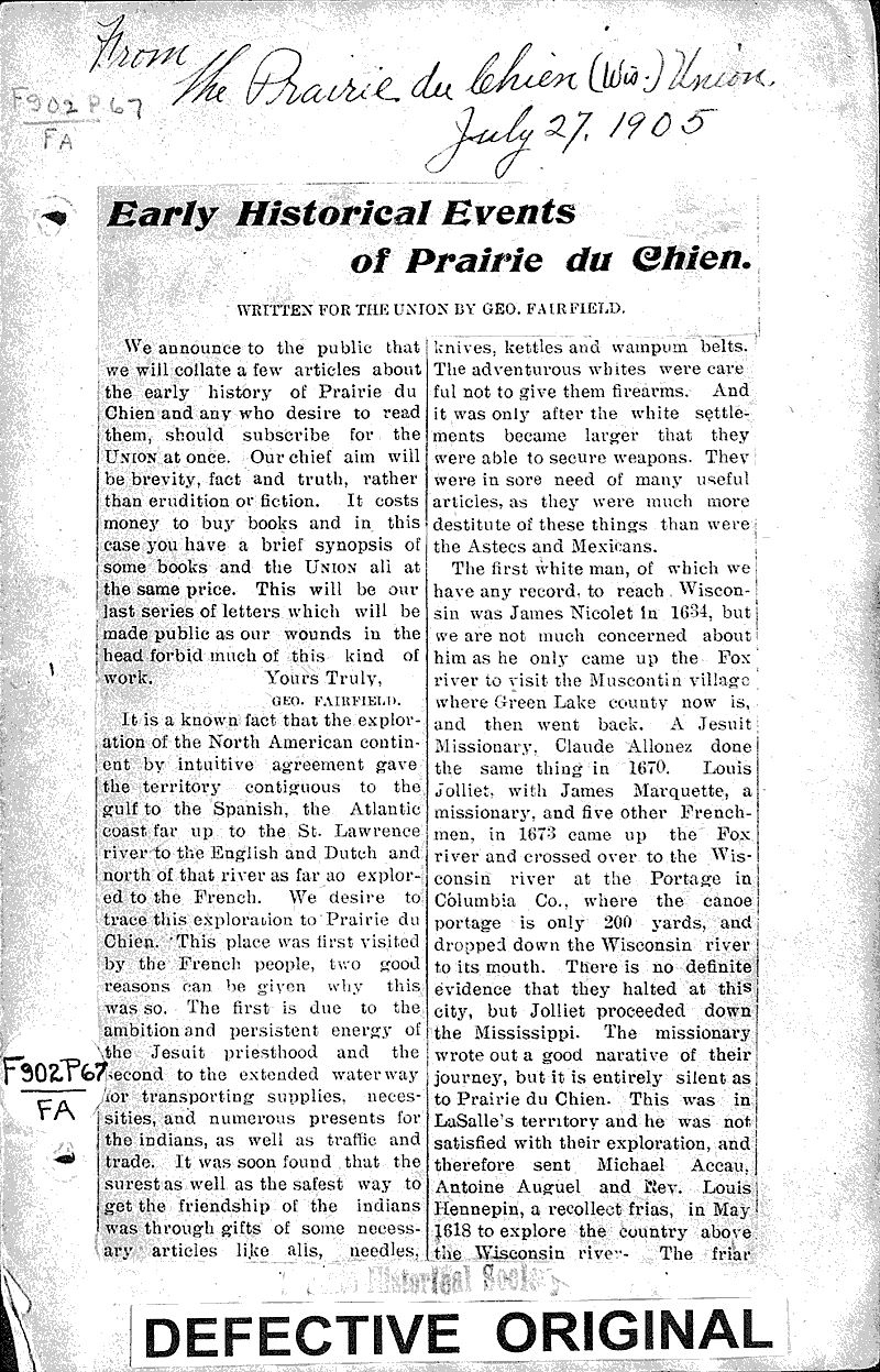 Early historical events of Prairie du Chien Newspaper Article