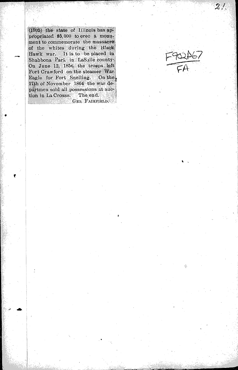 Early historical events of Prairie du Chien Newspaper Article