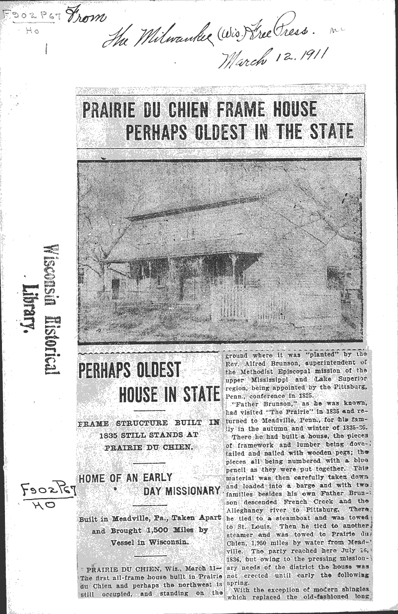 Prairie du Chien frame house perhaps oldest in the state Newspaper