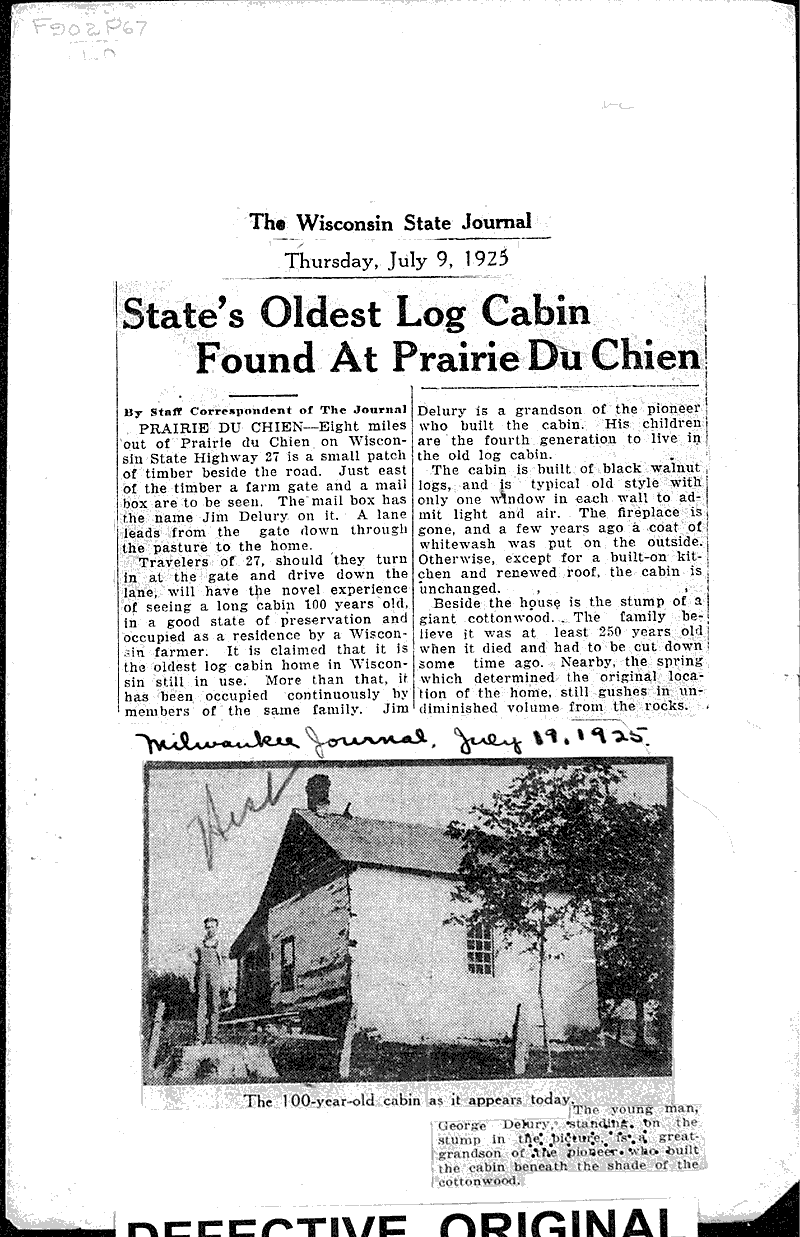 State's oldest log cabin found at Prairie du Chien Newspaper Article