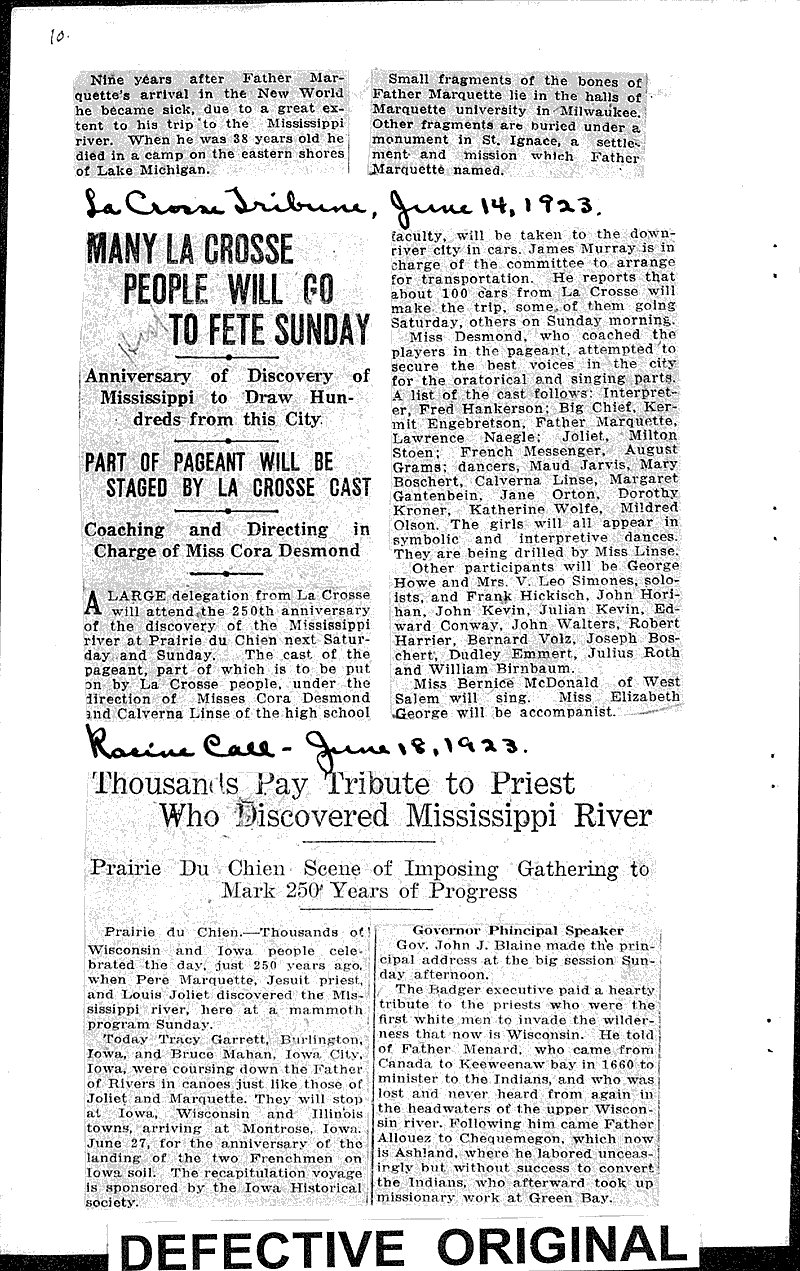 Thousands pay tribute to priest who discovered Mississippi River Source: Racine Call Date: 1923-06-18