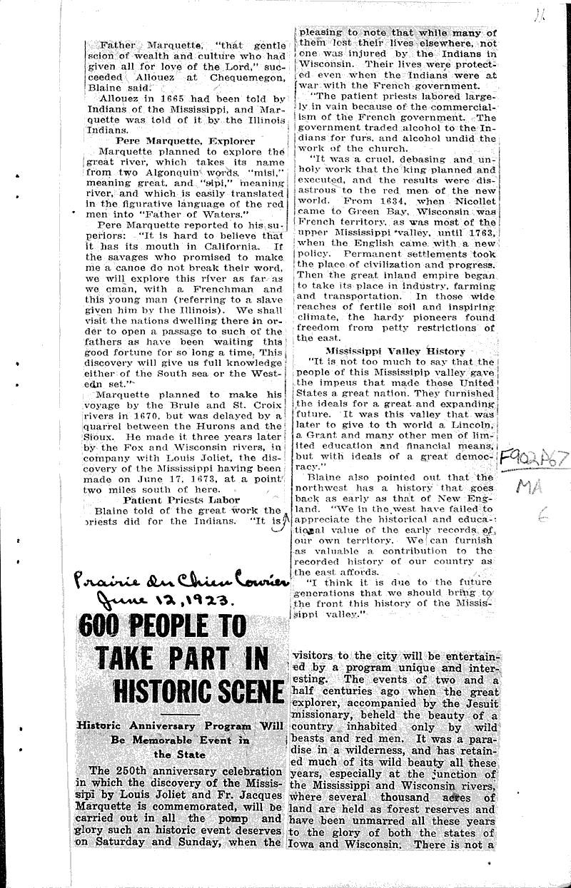 Thousands pay tribute to priest who discovered Mississippi River Source: Racine Call Date: 1923-06-18