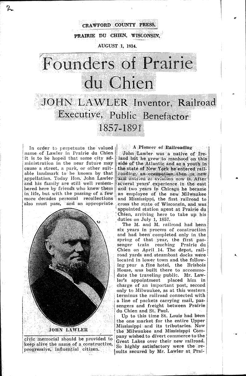 Founders of Prairie du Chien Newspaper Article/Clipping Wisconsin