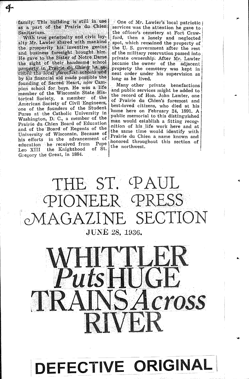 Founders of Prairie du Chien Newspaper Article/Clipping Wisconsin