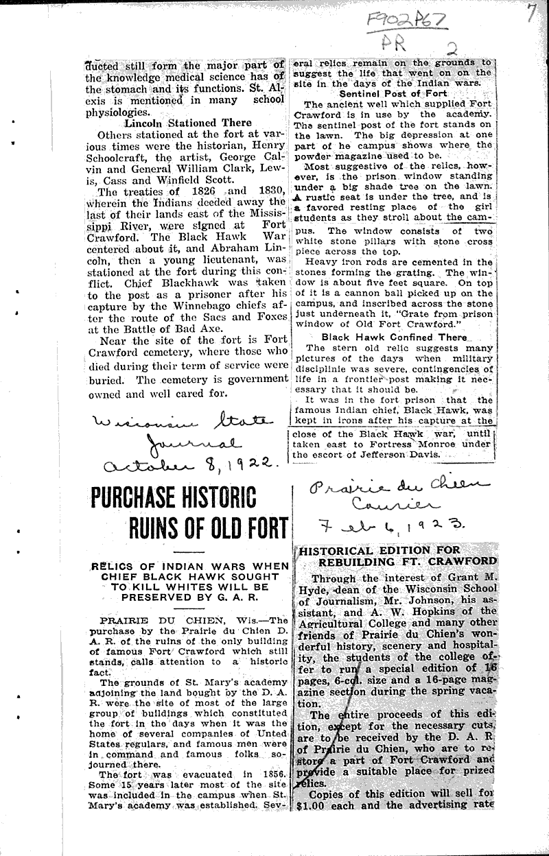 Historic fort at Prairie du Chien to be preserved Newspaper Article