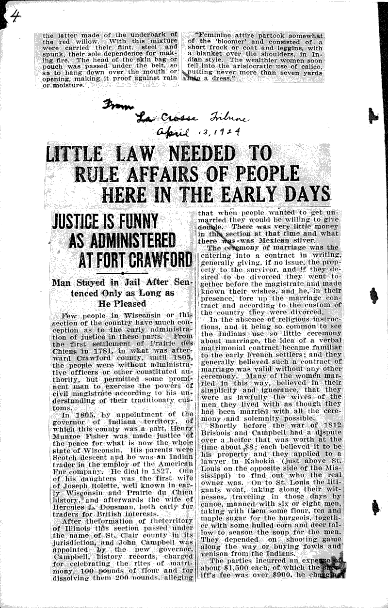 Prairie du Chien made own rule Newspaper Article/Clipping Wisconsin