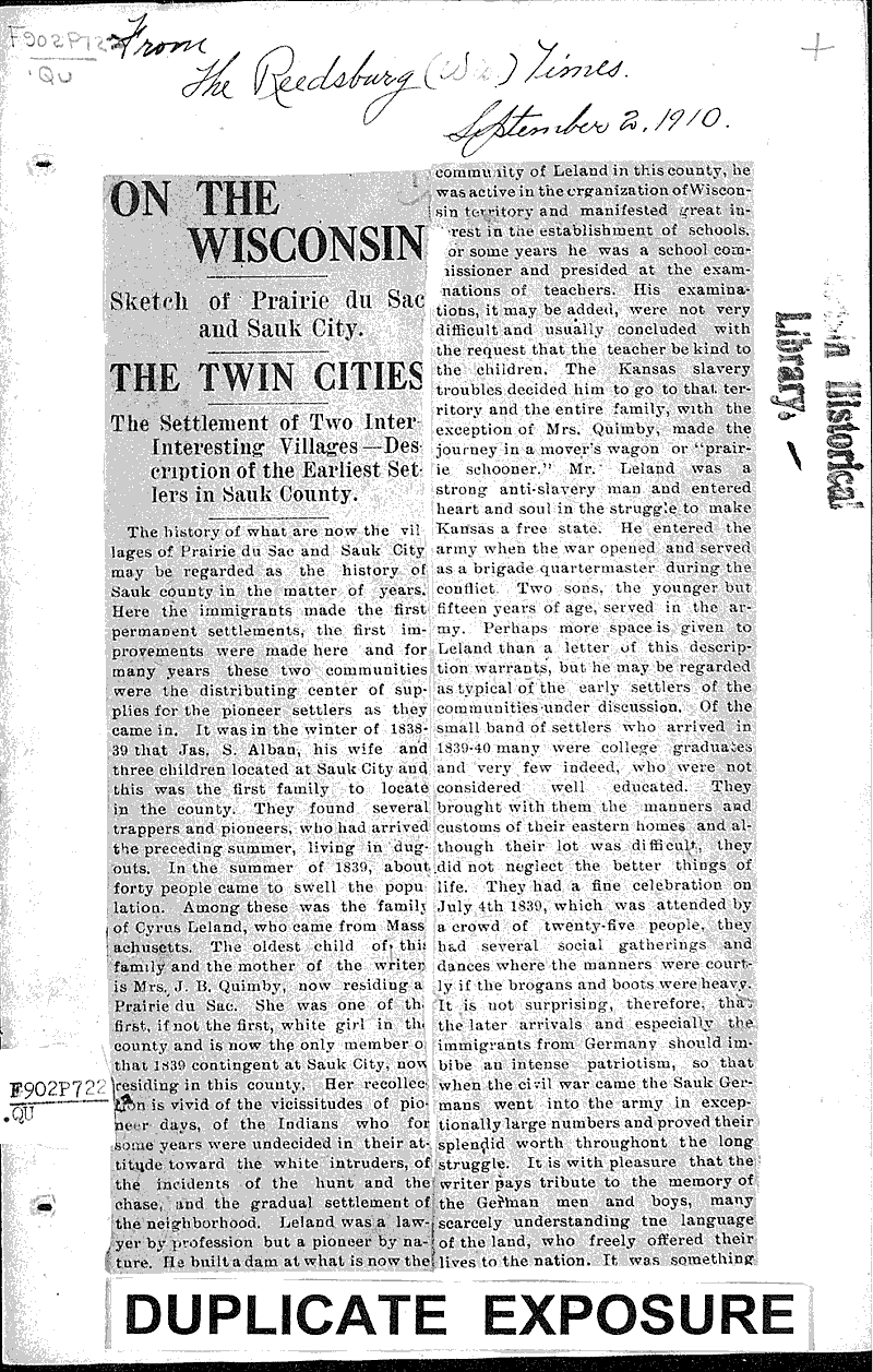 On the Wisconsin Sketch of Prairie du Sac and Sauk City Newspaper