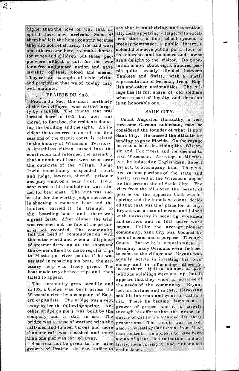 On the Wisconsin Sketch of Prairie du Sac and Sauk City Newspaper