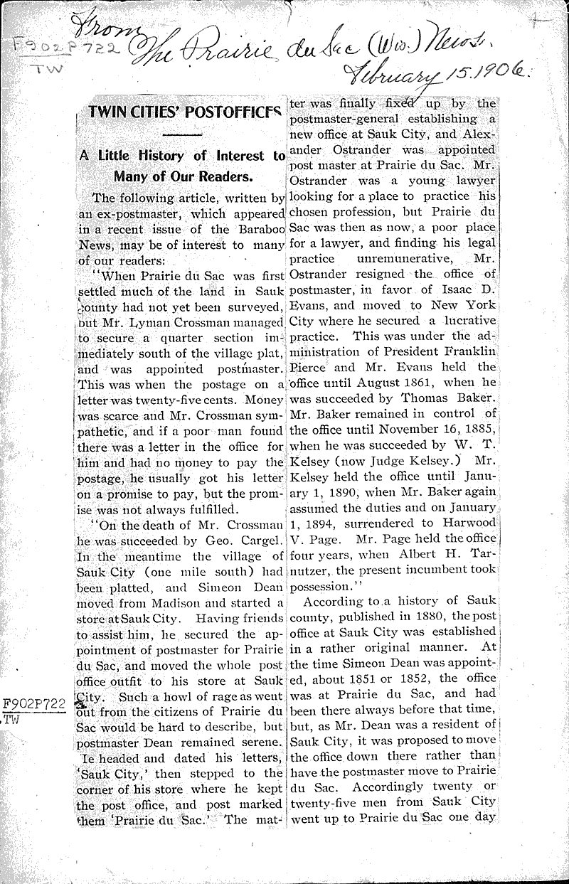 Twin cities' postoffices Newspaper Article/Clipping Wisconsin