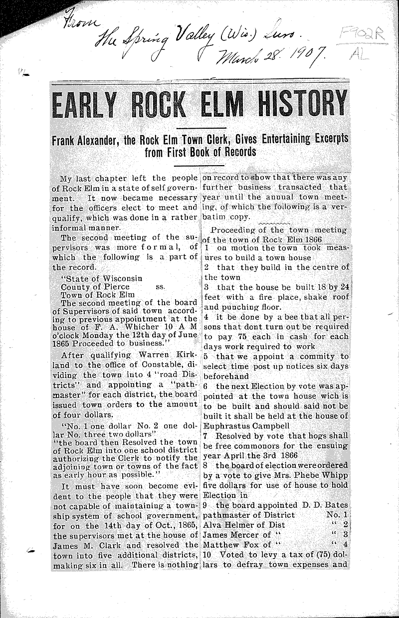 Early Rock Elm history part 2 Newspaper Article/Clipping Wisconsin
