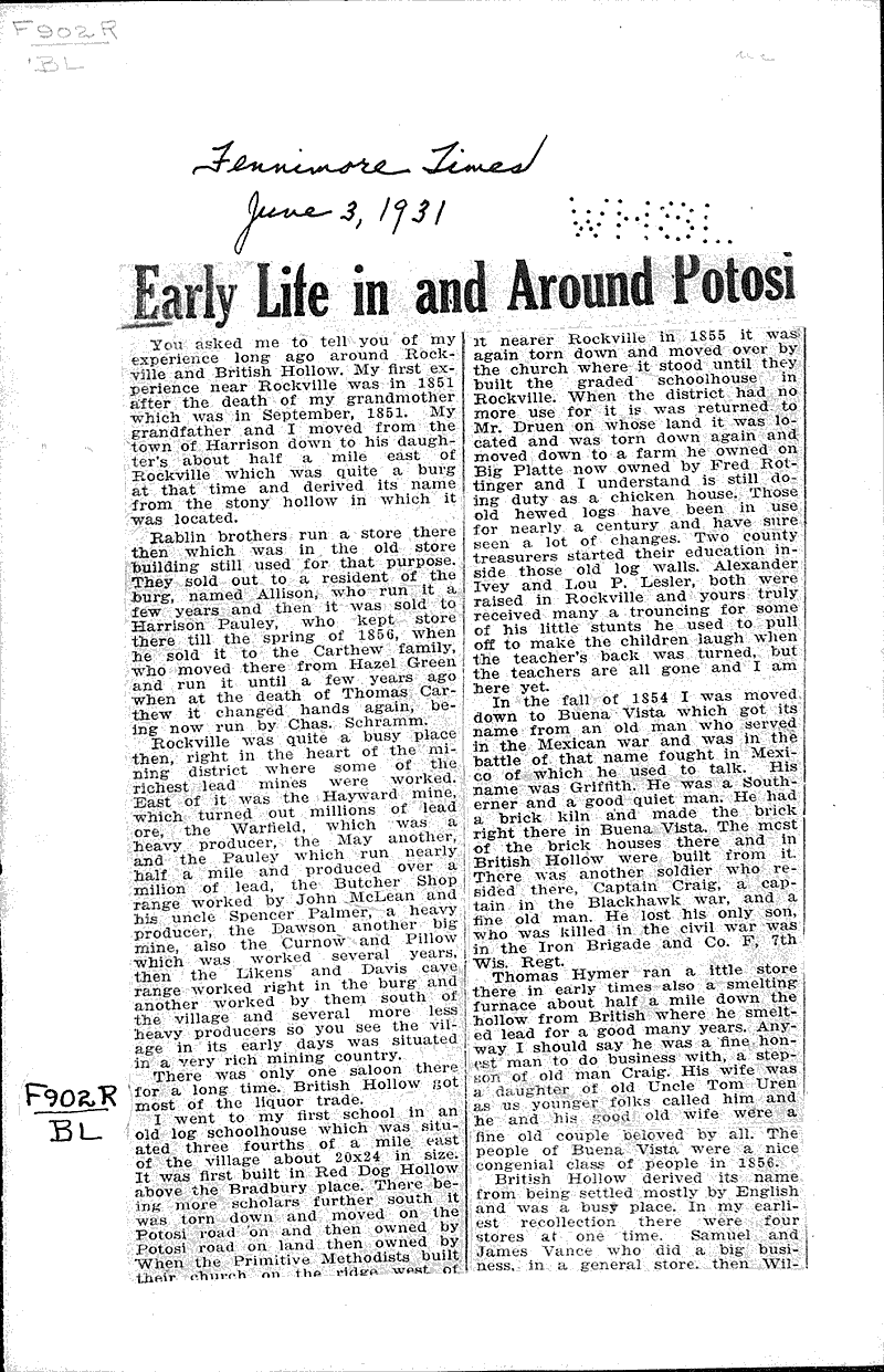 Early life in and around Potosi Newspaper Article/Clipping