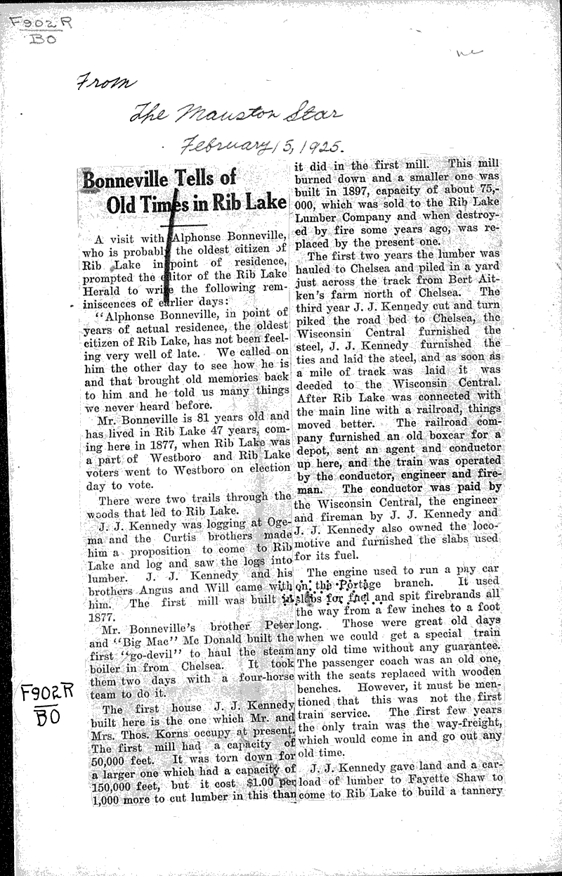 Bonneville tells of old times in Rib Lake Newspaper Article/Clipping