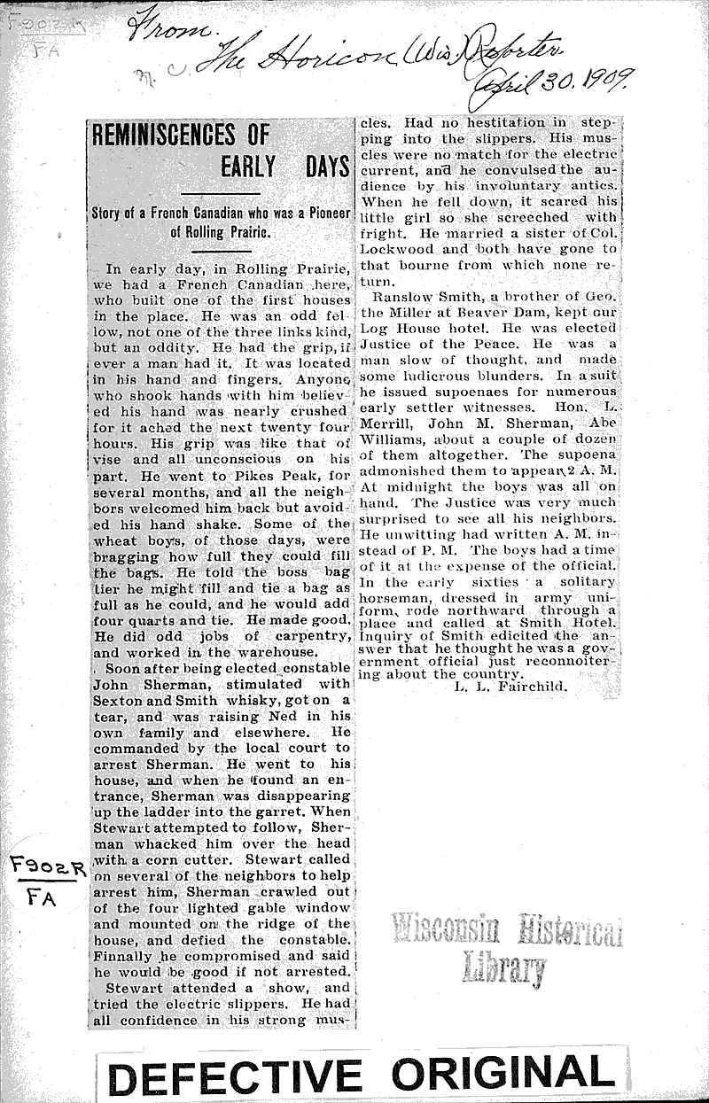 Reminiscences of early days Newspaper Article/Clipping Wisconsin