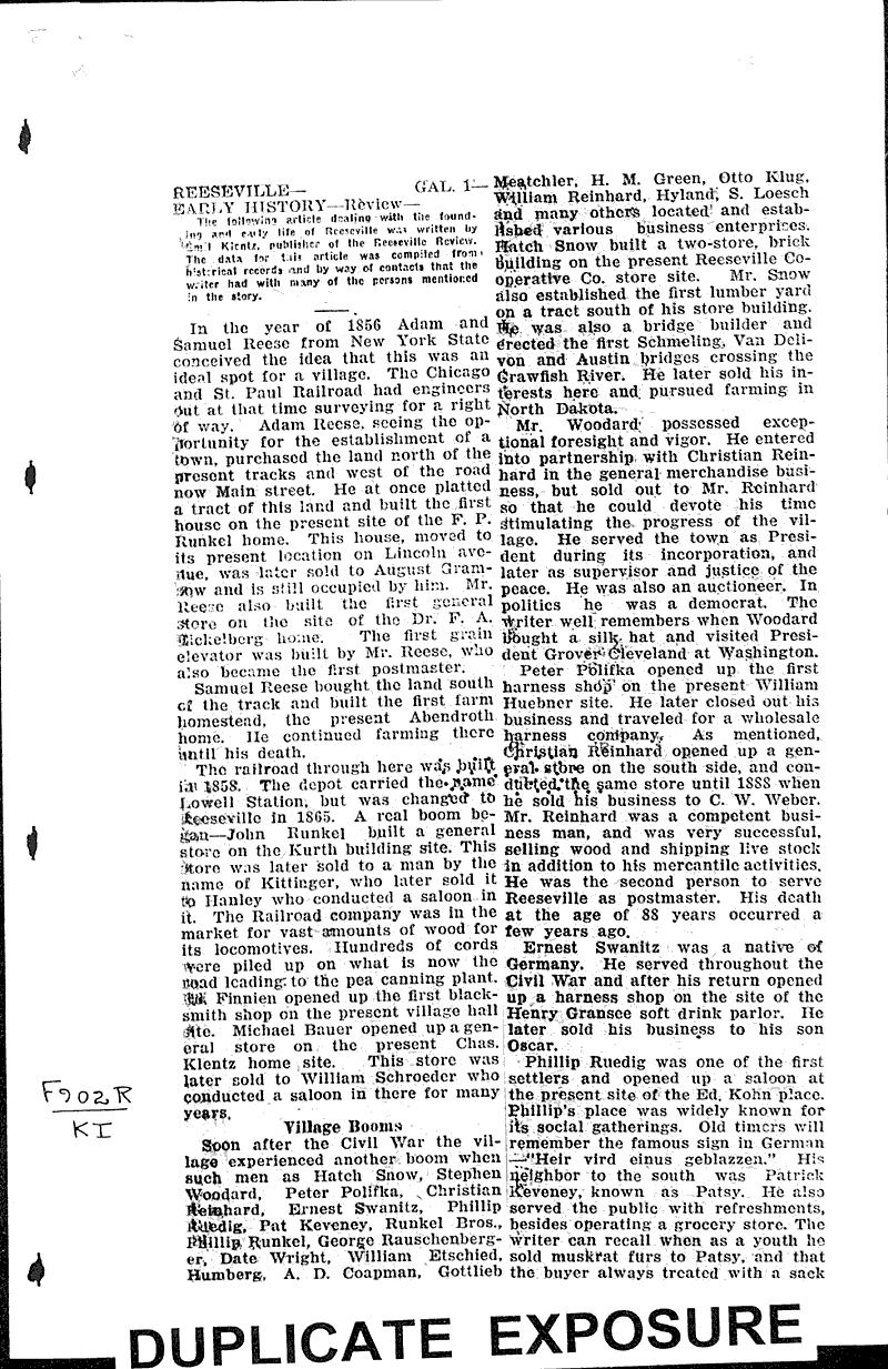 Reeseville early history review Newspaper Article/Clipping
