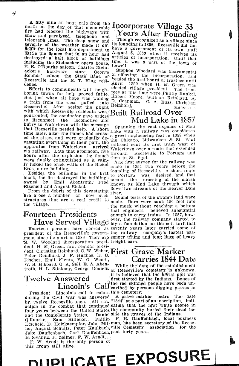 Reeseville early history review Newspaper Article/Clipping