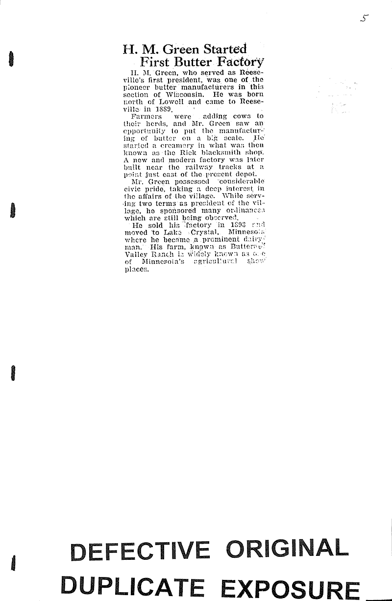 Reeseville early history review Newspaper Article/Clipping