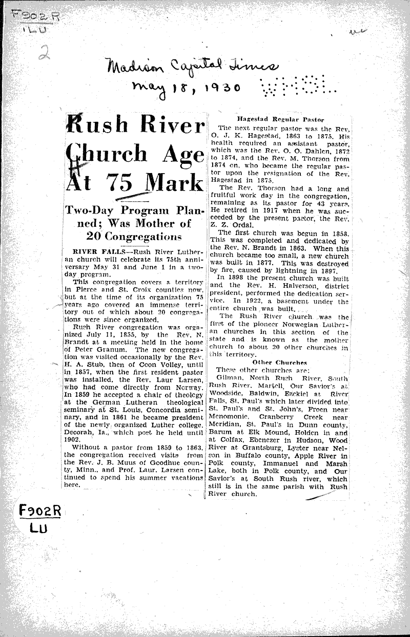  Source: Capital Times Topics: Church History Date: 1930-05-18