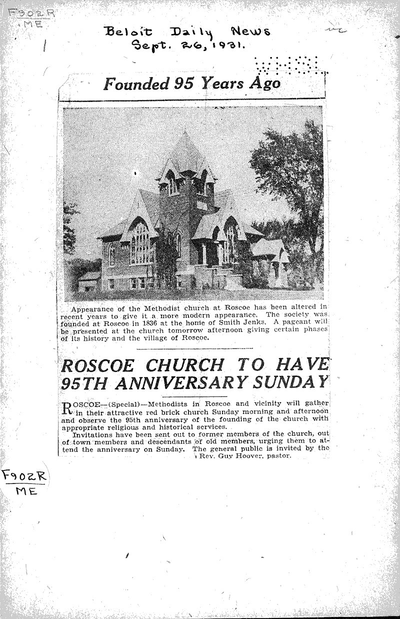 Roscoe church to have 95th anniversary Sunday Newspaper Article