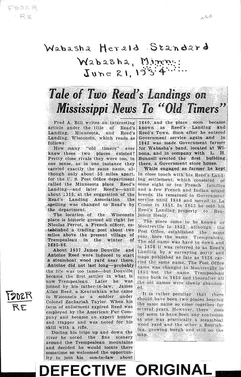 Tale of two Read's Landings on Mississippi news to Newspaper Article/Clipping Wisconsin
