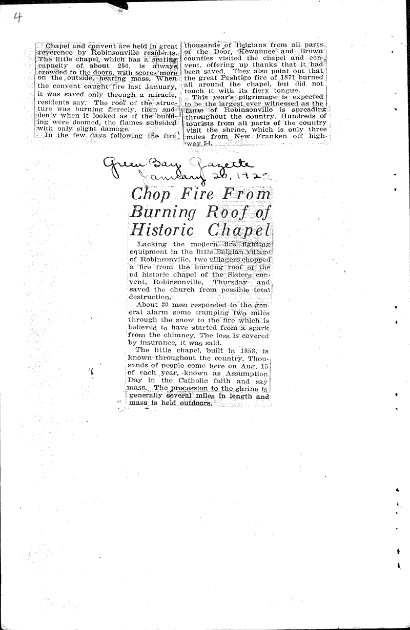 Chop fire from buring roof of historic chapel Newspaper Article
