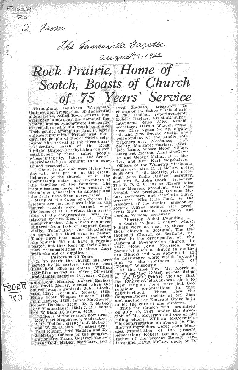  Source: Janesville Gazette Topics: Church History Date: 1922-08-09